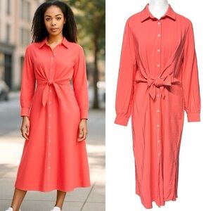 LOFT Tie Front Midi Shirtdress Coral Pink Summer Academia Teacher Vacation Sz 8